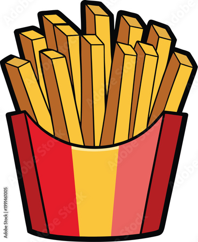 Cartoon red bucket of golden crispy french fries isolated on white background
