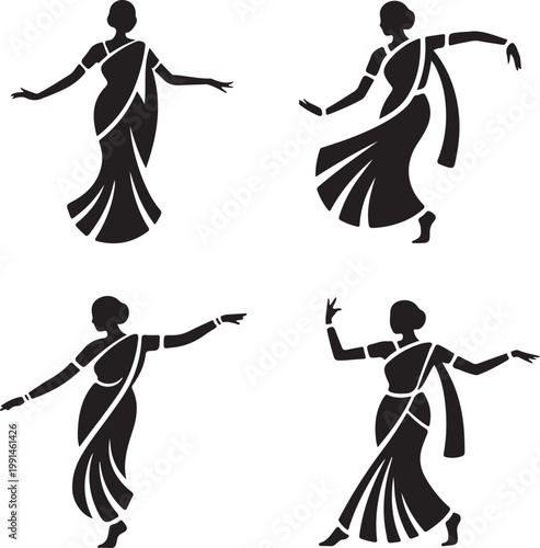 Set of four black silhouette of indian women dancing in traditional sarees dance woman