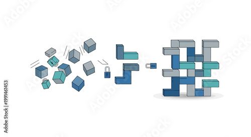 Geometric shapes, 3D blocks, puzzle pieces, construction set, vector icons