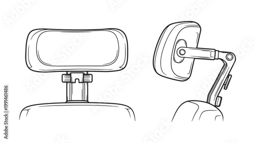 Detailed line art vector illustration of an adjustable car seat headrest, showing front and side views for ergonomic design and comfort.