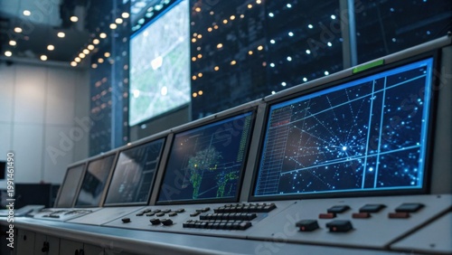 Control room with digital screens displaying satellite tracking data and digital grid interface