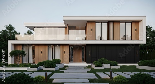 Modern luxury villa with minimalist architecture featuring clean lines and natural wood accents set in a landscaped garden for real estate or architectural visualization