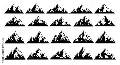 Mountain peaks icons set with black silhouettes, rocky texture and varied angles for outdoor map, hiking and travel design