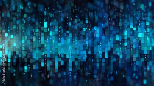 Glowing digital squares cascade in a dark abstract background.