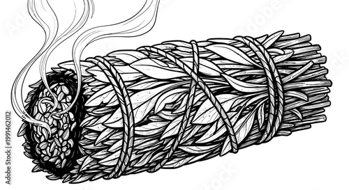 Bundle sage smudge stick with smoke rising from lit end featuring herbs, natural, spiritual with cleansing and ritual elements for relaxation,