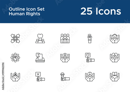 Human rights outline icon set for social justice campaign UI. Equality, freedom, and advocacy line icons
