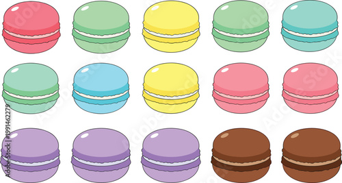 Colorful macaron dessert illustration with pink, green, yellow, blue, purple, and brown cookies, perfect for confectionery, bakery, food design, and sweet treat projects
