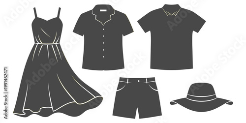 Summer clothing illustration set with sleeveless dress, button-up shirt, polo shirt, shorts, and wide-brim hat, perfect for fashion, apparel, and seasonal projects