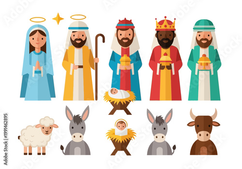 Flat vector nativity scene set featuring baby Jesus, Virgin Mary, Saint Joseph, the Three Wise Men, and animals like donkey, sheep, and ox isolated on white background