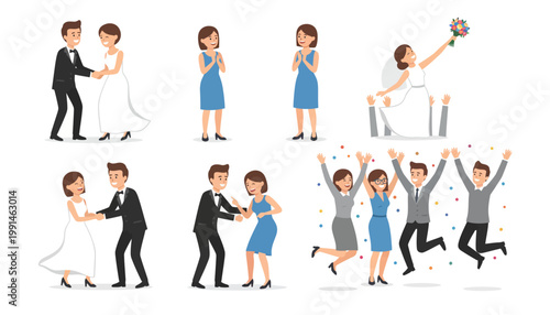 Wedding Celebration Vector Illustration Set Featuring Happy Bride and Groom Dancing, Bridesmaids Clapping, and Guests Cheering with Confetti at a Festive Party.