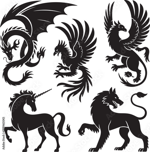 Set of mythical creature silhouettes featuring dragon, phoenix, griffin, unicorn, and lion beast