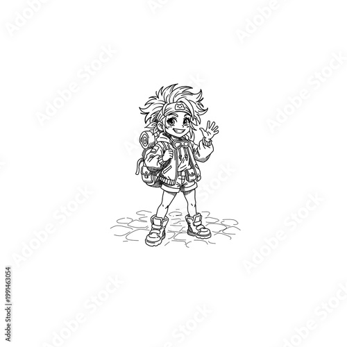 Cute traveler girl anime mascot in minimalist black line art. Adventurous character with a backpack and goggles waving. Clean vector outline for youth travel blogs and children coloring pages.
