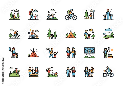 Camping and Outdoor Recreation Icon Set featuring Family Hiking, Biking, Tents, and Nature Adventures in a Modern Line Art Style