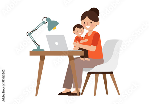Working Mother Sitting at Desk with Laptop Holding Child Flat Vector Illustration. Work Life Balance and Remote Working Concept.