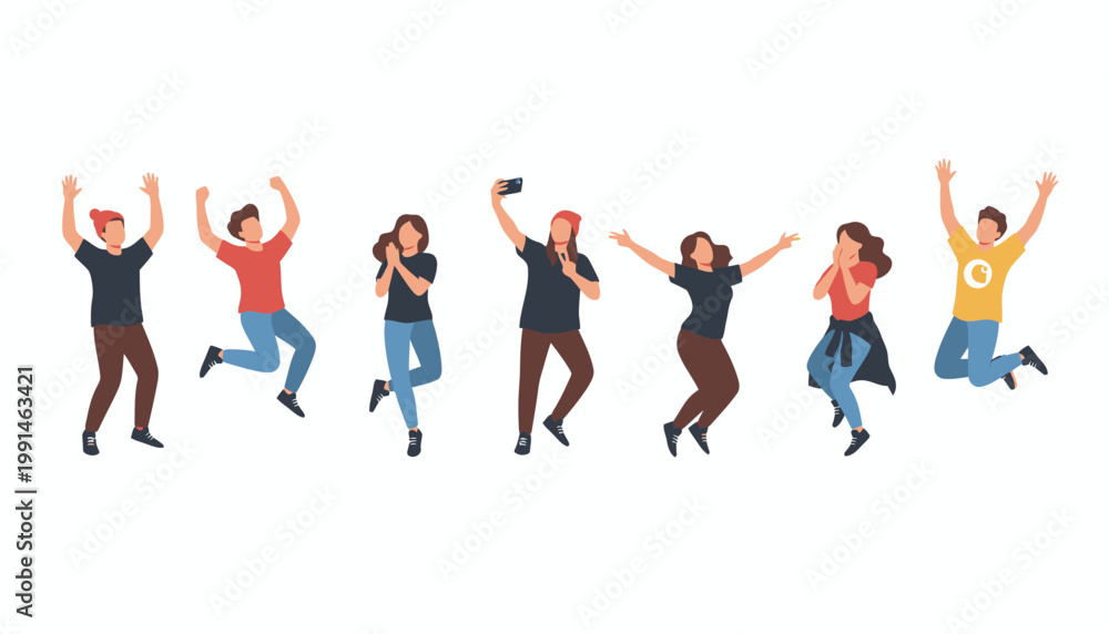 Fototapeta premium Diverse Group of Happy People Jumping and Cheering Vector Illustration Isolated on White Background for Social Media Marketing and Youth Lifestyle Web Design