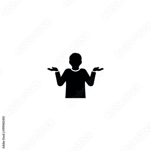 Silhouette of a man shrugging his shoulders with hands open. Minimalist black vector illustration of a person expressing confusion, doubt, or saying 'I don't know' on white background.