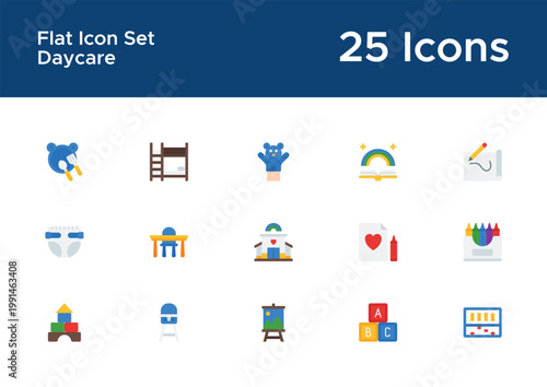 Daycare flat icon pack for childcare platform. Kids activity and preschool visuals