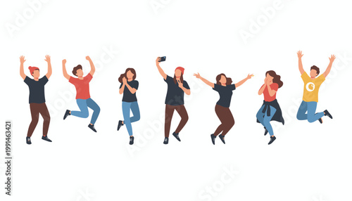 Diverse Group of Happy People Jumping and Cheering Vector Illustration Isolated on White Background for Social Media Marketing and Youth Lifestyle Web Design