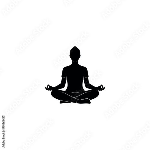 Silhouette of a woman practicing yoga in a seated lotus position with a mudra hand gesture. Minimalist black vector illustration for wellness, meditation, and mindfulness on white background.