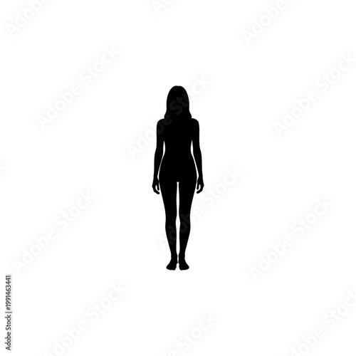Full body silhouette of a woman standing straight and facing forward. Minimalist black vector illustration of a female figure, person, or human body isolated on a white background.
