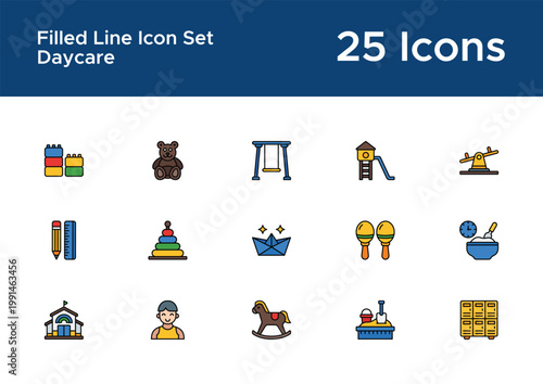Childcare filled line icons for nursery platform UI. Kids care and education symbols