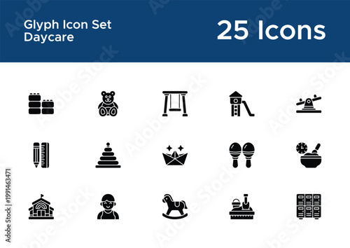 Childcare solid icons for nursery apps. Kids care and education glyph symbols