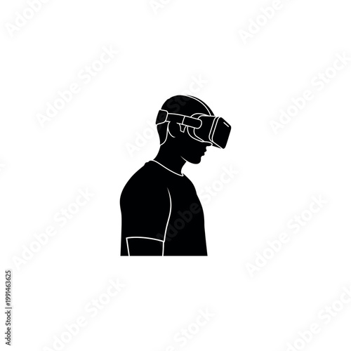 Silhouette of a man wearing virtual reality VR headset goggles. Minimalist black vector illustration of a person experiencing metaverse, gaming, or high-tech simulation on white background.