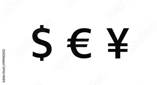 Currency symbols of the dollar euro and yen as dark silhouettes