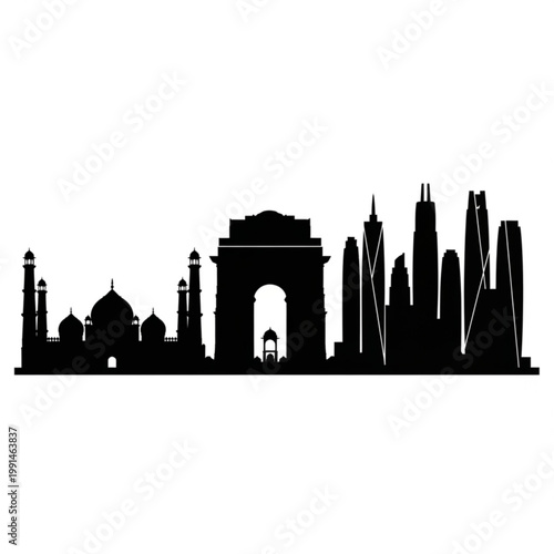A black silhouette vector graphic of the New Delhi skyline, featuring iconic landmarks like India Gate and the Taj Mahal, set against a white background.