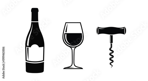 Wine bottle glass and corkscrew depicted in a black silhouette