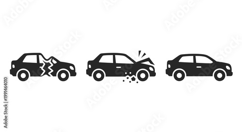 Car crash sequence depicting impact and damage black silhouette
