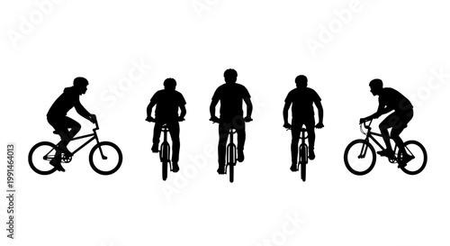 Bikers cycling set with different riding positions and postures featuring silhouette, black, white with background and outdoor elements for activity,