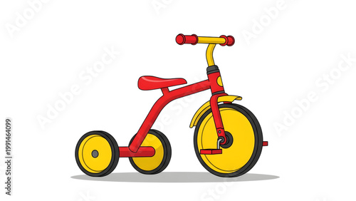 Red and yellow kids tricycle isolated on white background