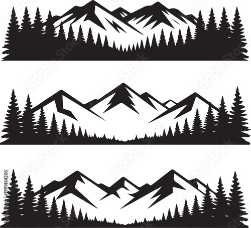 Set of three black and white mountain range with pine forest silhouettes at the base trees