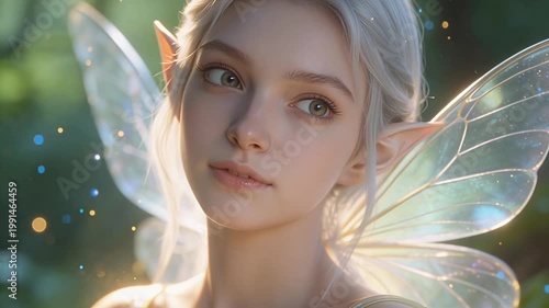 Enchanting Fairy with Translucent Wings in a Sunlit Forest.
