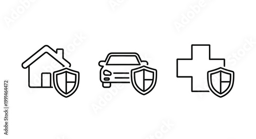 Insurance icons depicting home auto and health protection silhouette