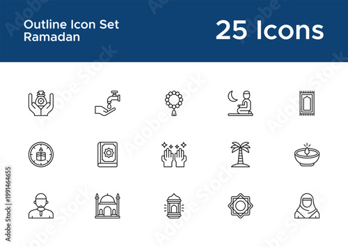 Ramadan outline icon set for Islamic holiday UI. Fasting, prayer, and spiritual activity line icons