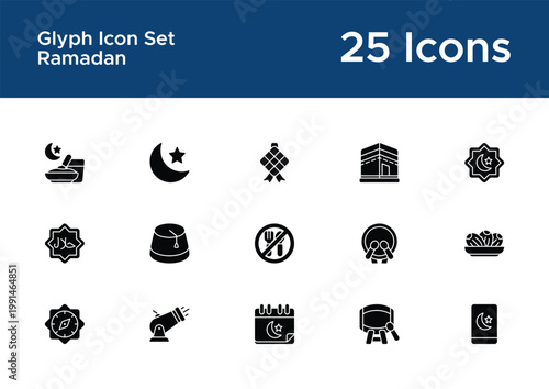 Ramadan solid icons for holiday apps. Islamic and spiritual glyph symbols