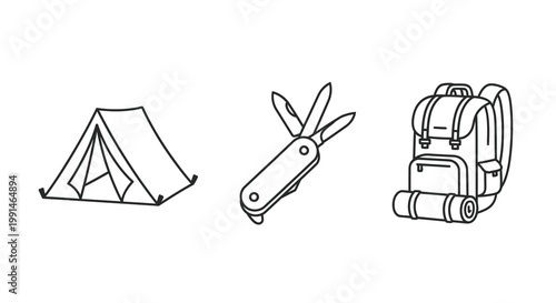 Camping gear illustration featuring a tent tool and backpack silhouette