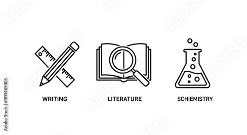 Educational icons representing writing literature and chemistry silhouette