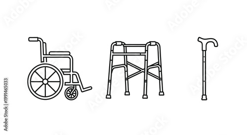 Assistive devices including a wheelchair walker and cane silhouette