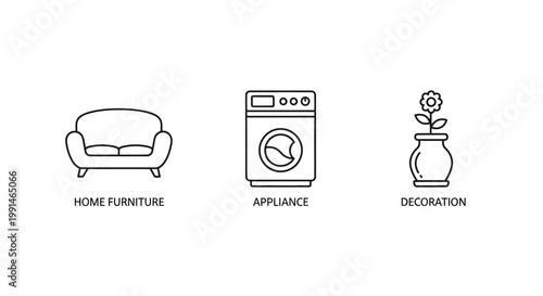 Minimalist home furnishings and appliances shown as a black silhouette