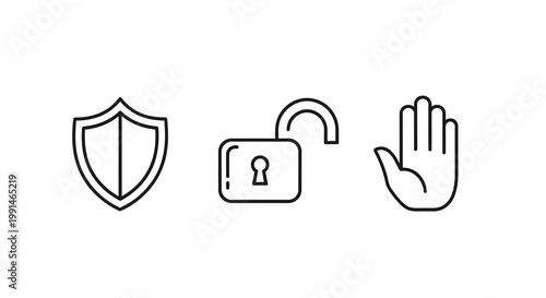 Security icons depicting protection openness and a stopping hand silhouette