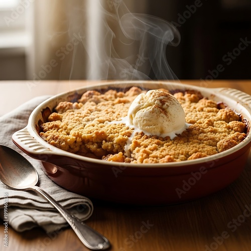 Warm Apple Crumble with Vanilla Ice Cream Dessert.