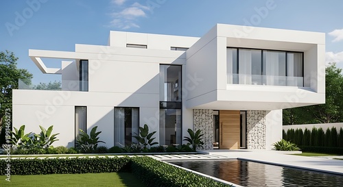 Modern luxury white villa with clean lines large windows and a reflective pool perfect for real estate or architectural design concepts