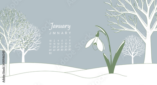 January Snowdrop Calendar with Winter Trees and Snow Landscape