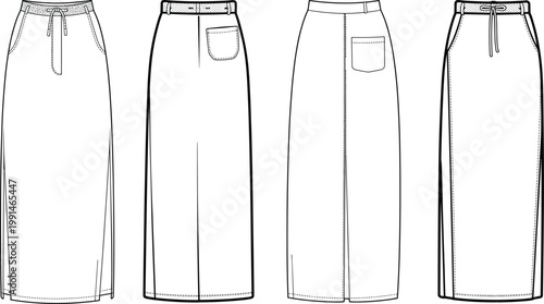Contemporary maxi skirt technical drawing set, front views, elastic waistband, side slits, pocket detail, long silhouette fashion template – vector illustration