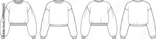 Cropped balloon sleeve sweatshirt technical drawing set, front and back views, ribbed waistband and cuffs, casual fashion template – vector illustration