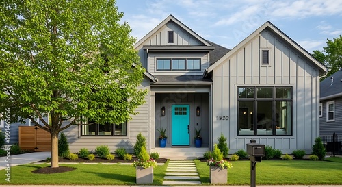 Modern suburban house with gray siding and bright teal front door featuring a manicured lawn and lush green trees perfect for real estate or home design concepts