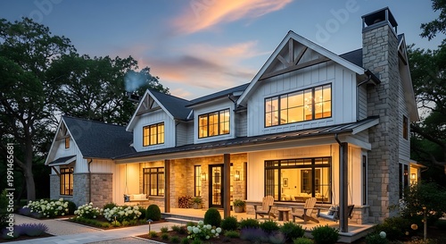 Modern farmhouse exterior at dusk featuring a large porch with outdoor seating and illuminated windows set against a twilight sky with trees